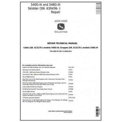 John Deere 540G-III and 548G-III Skidders Pdf Repair Service Technical Manual TM11809