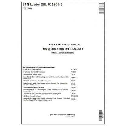 John Deere 544J 4WD Loader Pdf Repair Service Technical Manual TM10244