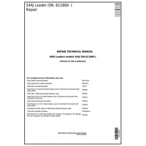 John Deere 544J 4WD Loader Pdf Repair Service Technical Manual TM10244