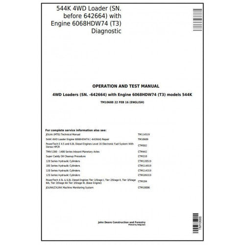 John Deere 544K 4WD Loader Diagnostic, Operation and Tests Service Manual Pdf - TM10688