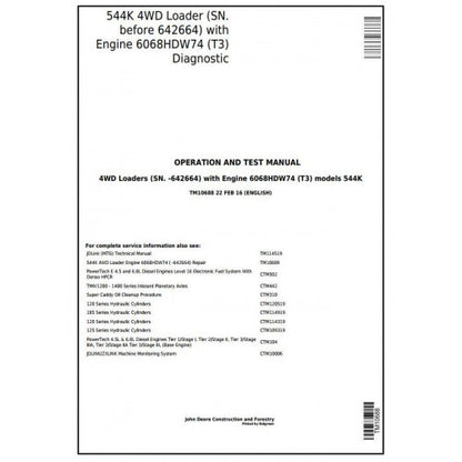 John Deere 544K 4WD Loader Diagnostic, Operation and Tests Service Manual Pdf - TM10688