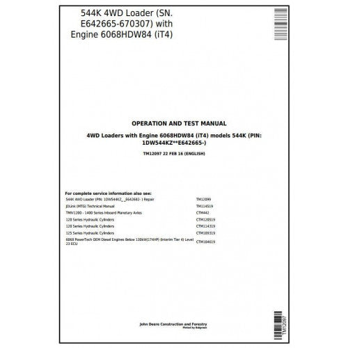 John Deere 544K 4WD Loader Diagnostic, Operation and Tests Service Manual Pdf - TM12097