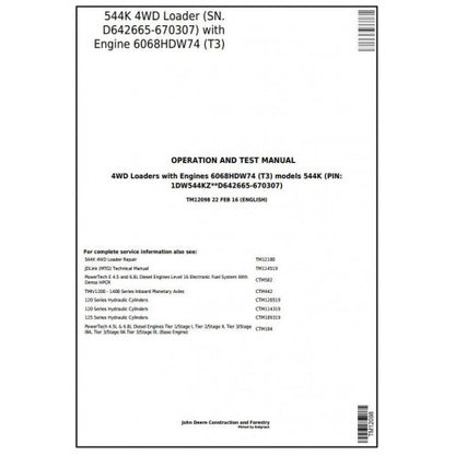 John Deere 544K 4WD Loader Diagnostic, Operation and Tests Service Manual Pdf - TM12098