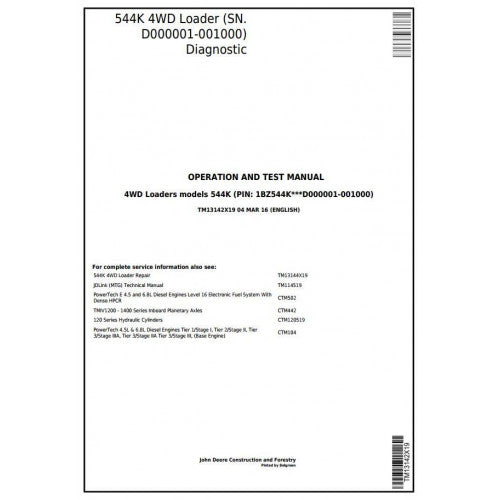 John Deere 544K 4WD Loader Diagnostic, Operation and Tests Service Manual Pdf - TM13142X19