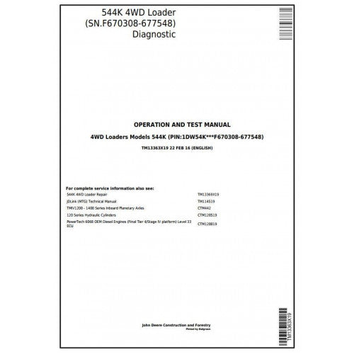 John Deere 544K 4WD Loader Diagnostic, Operation and Tests Service Manual Pdf - TM13363X19