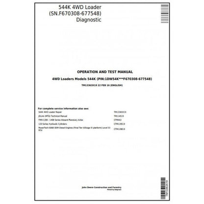 John Deere 544K 4WD Loader Diagnostic, Operation and Tests Service Manual Pdf - TM13363X19