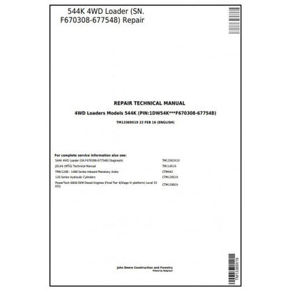 John Deere 544K 4WD Loader Pdf Repair Service Technical Manual TM13369X19