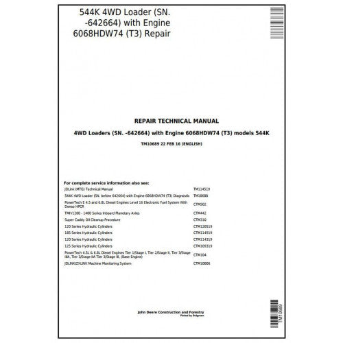 John Deere 544K 4WD Loader Service Repair Technical Manual Pdf TM10689 2