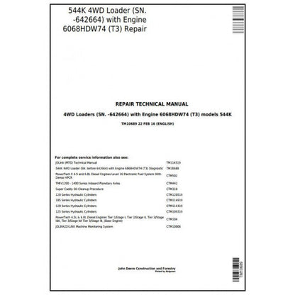 John Deere 544K 4WD Loader Service Repair Technical Manual Pdf TM10689 2