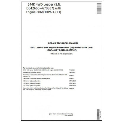 John Deere 544K 4WD Loader Service Repair Technical Manual Pdf TM12100 2