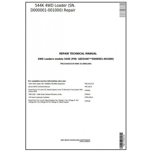 John Deere 544K 4WD Loader Service Repair Technical Manual Pdf TM13144X19