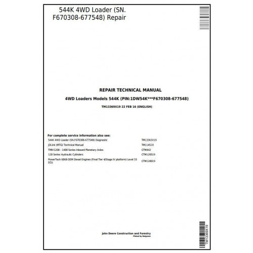 John Deere 544K 4WD Loader Service Repair Technical Manual Pdf TM13369X19