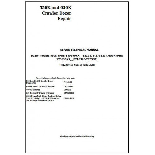 John Deere 550K and 650K Crawler Dozer Pdf Repair Service Technical Manual TM12289