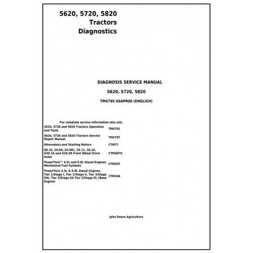 John Deere 5620, 5720, 5820 Tractor Diagnostic and Service Manual Pdf - TM4795