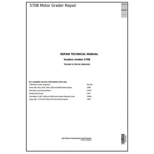 John Deere 570B Motor Grader Pdf Repair Service Technical Manual TM1400