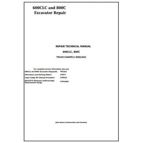 John Deere 600CLC and 800C Excavator Pdf Repair Service Technical Manual TM1923