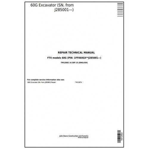 John Deere 60G Compact Excavator Service Repair Technical Manual Pdf - TM12882