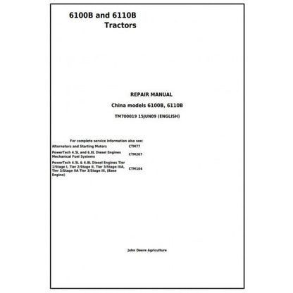 John Deere 6100B and 6110B 2WD or MFWD Tractor Service Repair Technical Manual Pdf - TM700019