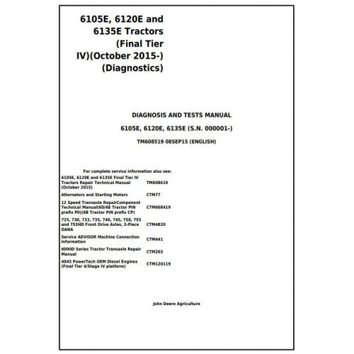 John Deere 6105E, 6120E, 6135E Tractor Diagnostic and Tests Service Manual Pdf - TM60851