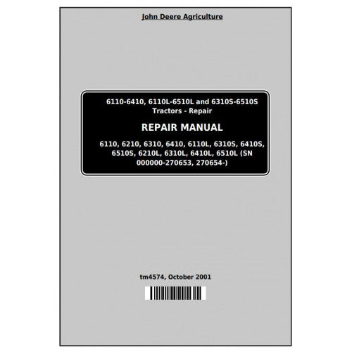 John Deere 6110, 6110L, 6210, 6310, 6310L, 6310S, 6410L, 6410S, 6510L, 6510S Tractor Service Repair Technical Manual Pdf - TM4574