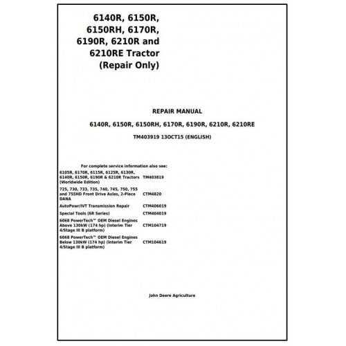 John Deere 6140R, 6150R, 6150RH, 6170R, 6190R, 6210R, 6210RE Tractor Service Repair Technical Manual Pdf - TM403919