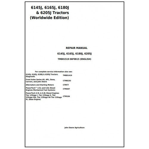 John Deere 6145J, 6165J, 6180J and 6205J Tractor Service Repair Technical Manual Pdf - TM801519