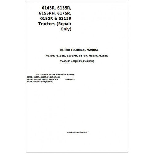 John Deere 6145R, 6155R, 6155RH, 6175R, 6195R, 6215R Tractor Service Repair Technical Manual Pdf - TM406919