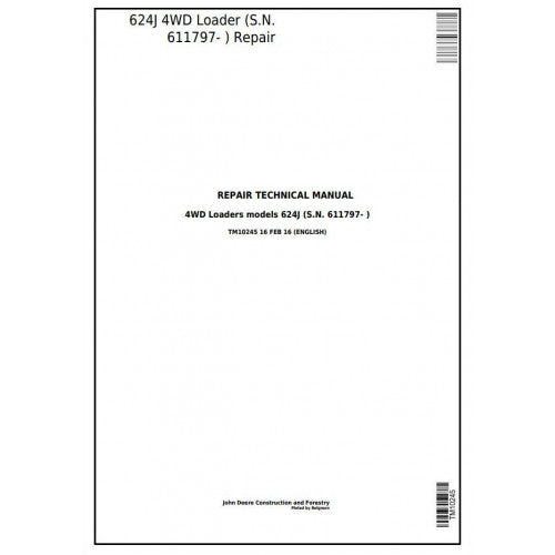 John Deere 624J 4WD Loader Pdf Repair Service Technical Manual TM10245