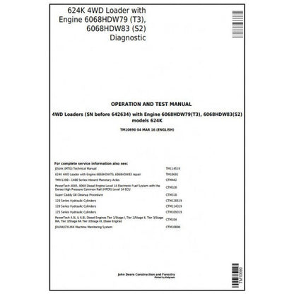 John Deere 624K 4WD Loader Diagnostic, Operation and Tests Service Manual Pdf - TM10690