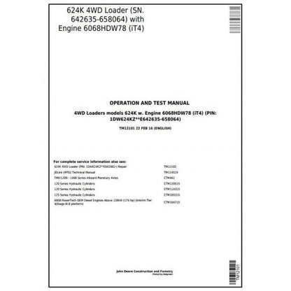 John Deere 624K 4WD Loader Diagnostic, Operation and Tests Service Manual Pdf - TM12101