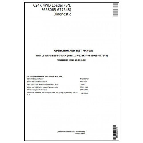 John Deere 624K 4WD Loader Diagnostic, Operation and Tests Service Manual Pdf - TM13050X19