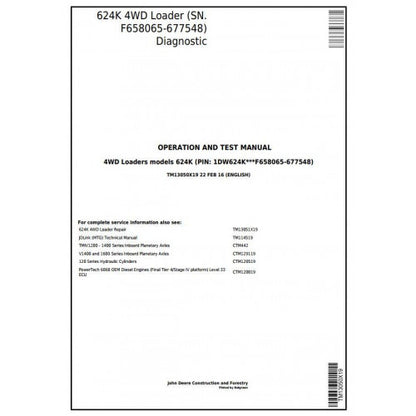 John Deere 624K 4WD Loader Diagnostic, Operation and Tests Service Manual Pdf - TM13050X19