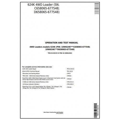 John Deere 624K 4WD Loader Diagnostic, Operation and Tests Service Manual Pdf - TM13115X19