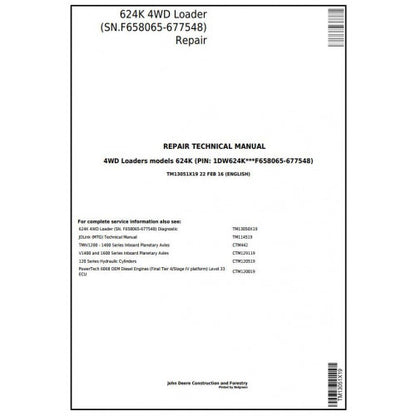 John Deere 624K 4WD Loader Pdf Repair Service Technical Manual TM13051X19