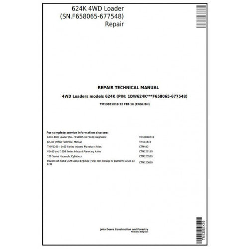 John Deere 624K 4WD Loader Pdf Repair Service Technical Manual TM13051X19