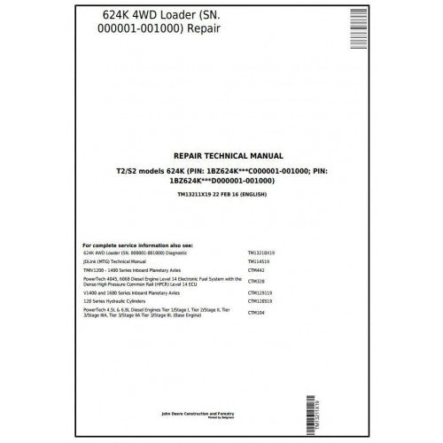 John Deere 624K 4WD Loader Service Repair Technical Manual Pdf TM13211X19