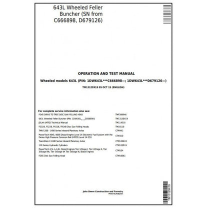 John Deere 643L Wheeled Feller Buncher Diagnostic, Operation and Tests Service Manual Pdf - TM13129X19