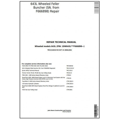 John Deere 643L Wheeled Feller Buncher Pdf Repair Service Technical Manual TM13126X19