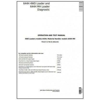 John Deere 644H 4WD Loader and 644H MH Material Handler Diagnostic, Operation and Tests Service Manual Pdf - TM1637