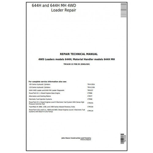 John Deere 644H 4WD Loader and 644H MH Material Handler Pdf Repair Service Technical Manual TM1638