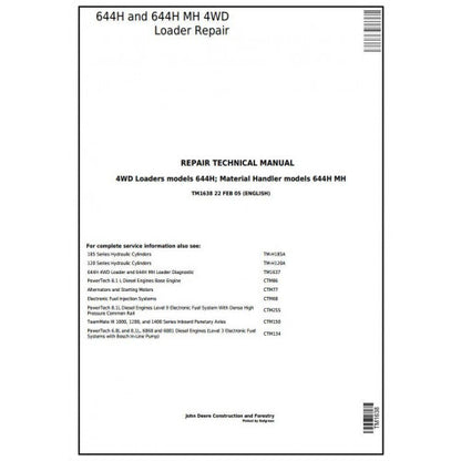 John Deere 644H 4WD Loader And 644H MH Material Handler Service Repair Technical Manual Pdf TM1638 2