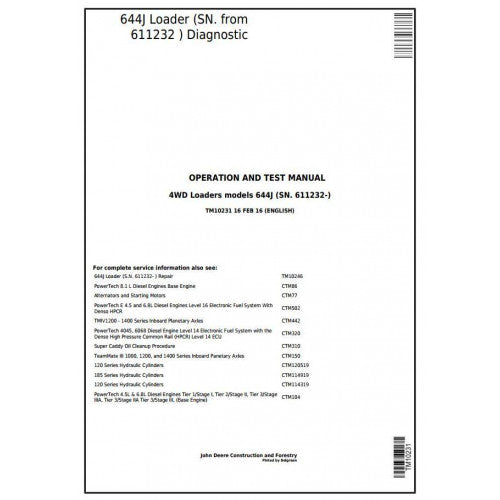 John Deere 644J 4WD Loader Diagnostic, Operation and Tests Service Manual Pdf - TM10231