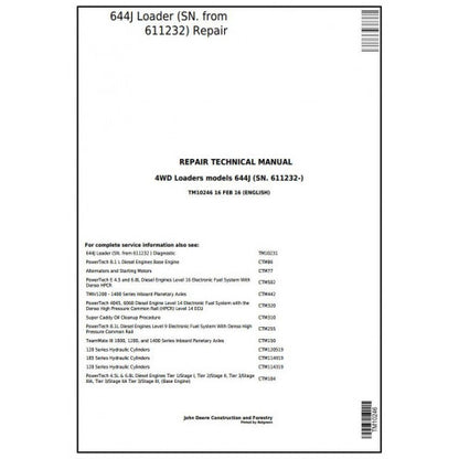 John Deere 644J 4WD Loader Pdf Repair Service Technical Manual TM10246