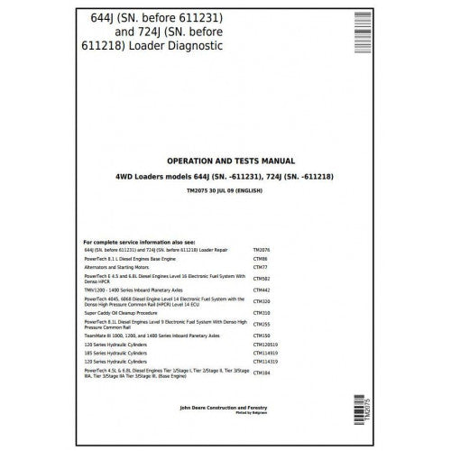 John Deere 644J, 724J 4WD Loader Diagnostic, Operation and Tests Service Manual Pdf - TM2075