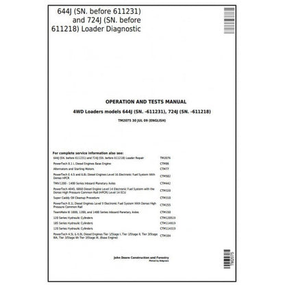 John Deere 644J, 724J 4WD Loader Diagnostic, Operation and Tests Service Manual Pdf - TM2075