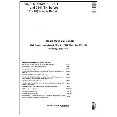 John Deere 644J, 724J 4WD Loader Pdf Repair Service Technical Manual TM2076