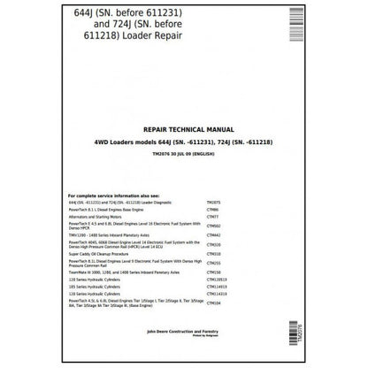 John Deere 644J, 724J 4WD Loader Service Repair Technical Manual Pdf TM2076 2