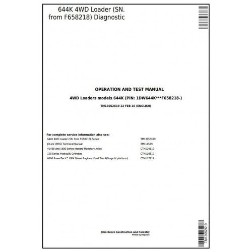 John Deere 644K 4WD Loader Diagnostic, Operation and Tests Service Manual Pdf - TM13052X19