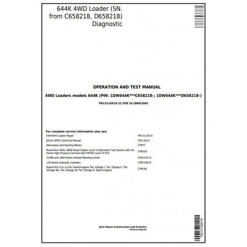 John Deere 644K 4WD Loader Diagnostic, Operation and Tests Service Manual Pdf - TM13116X19