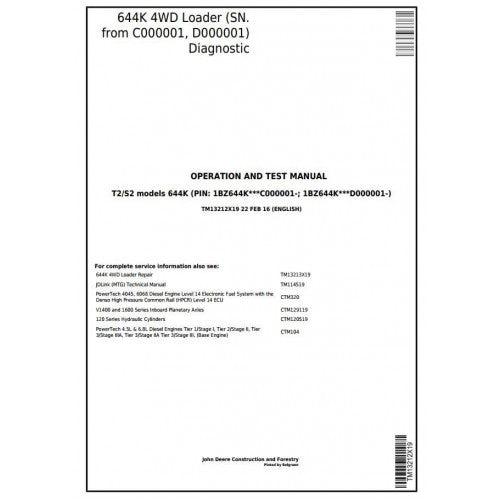 John Deere 644K 4WD Loader Diagnostic, Operation and Tests Service Manual Pdf - TM13212X19